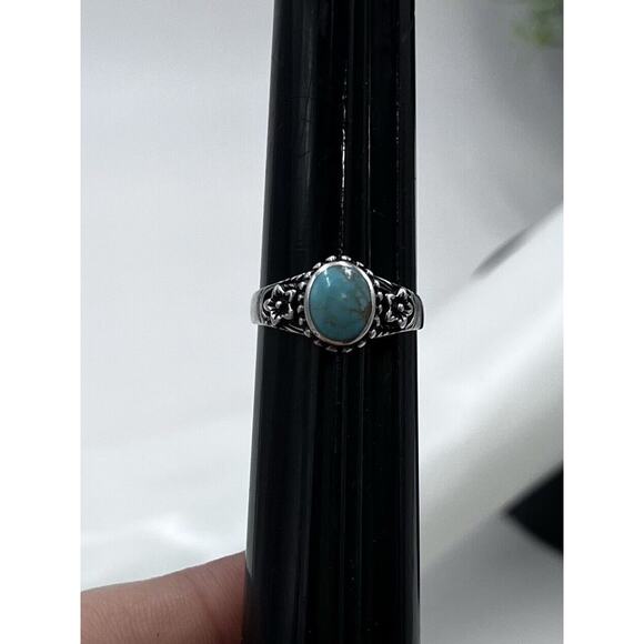 Natural Blue Cabochon Turquoise Open Floral Sterling Silver 925 Ring Size 8.25 - Picture 3 of 11